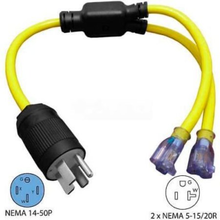 CONNTEK Conntek Y1450520S, 3-Feet 50 to 15/20-Amp Generator Y Adapter with NEMA 14-50P to 5-15/20R, Yellow Y1450520S